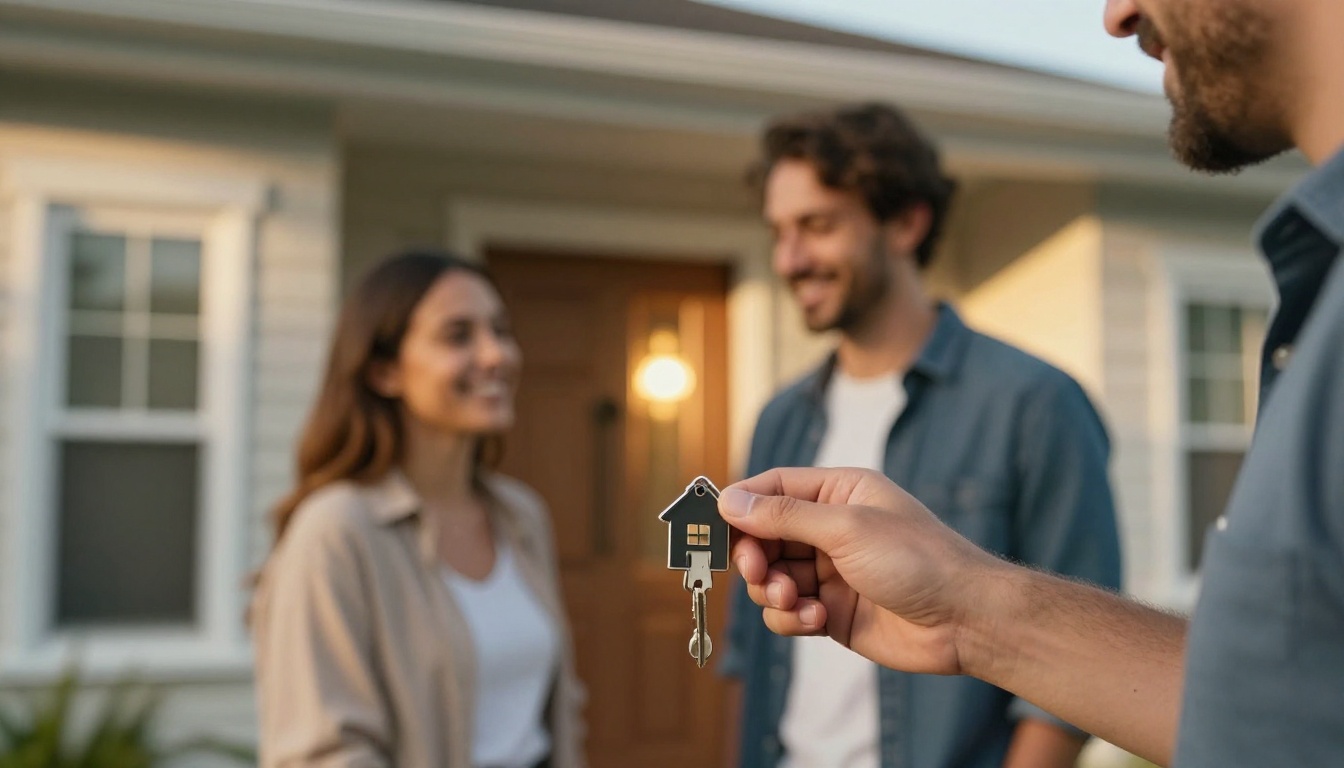 Real estate agent handing house keys to a happy couple Real estate agent handing house keys to a happy couple