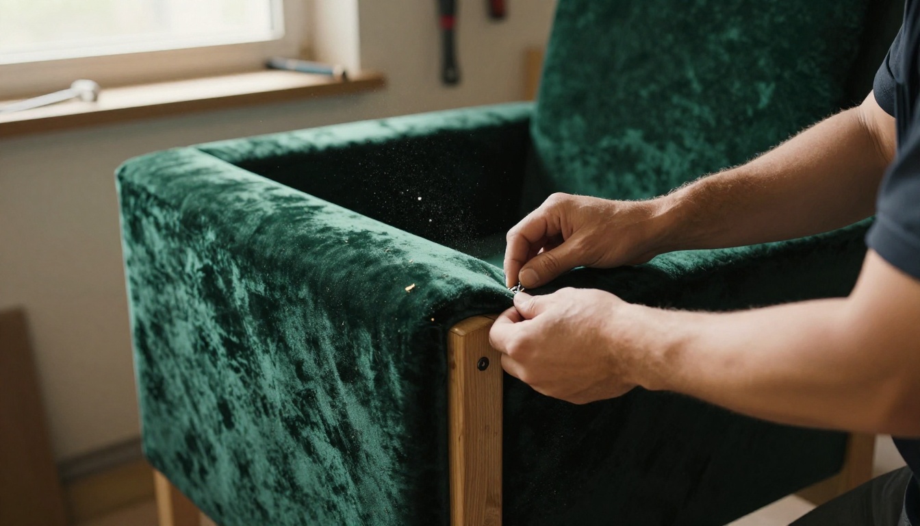 Craftsman stapling green velvet onto an armchair frame in a workshop