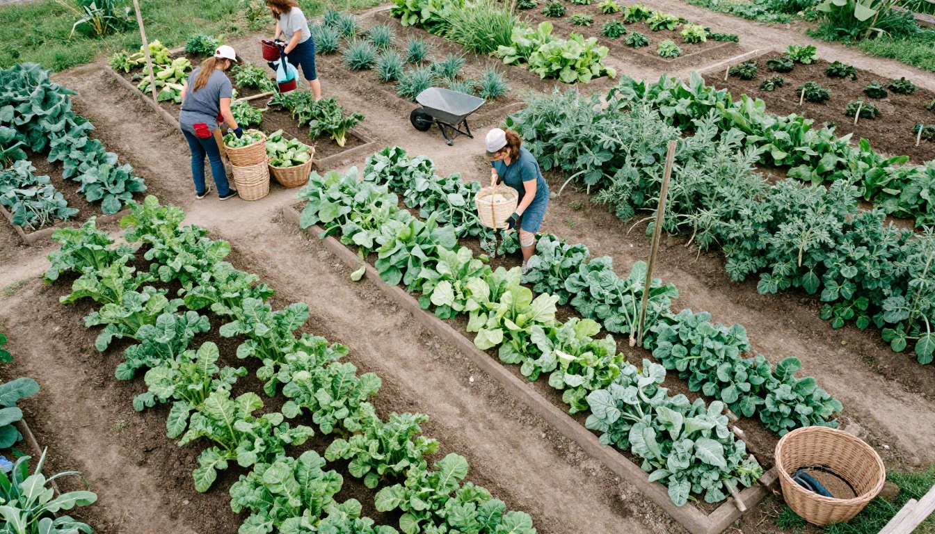 Aerial view of a community garden with volunteers harvesting vegetables