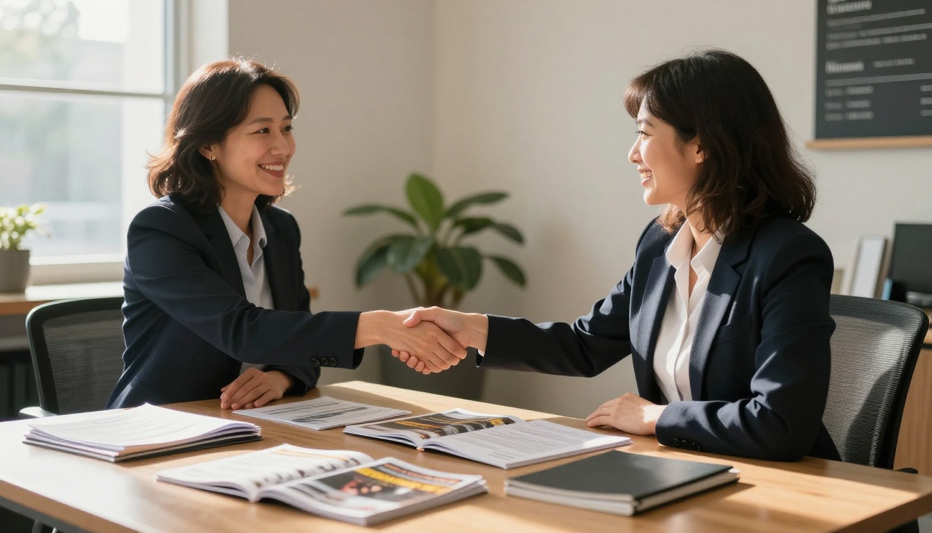 Recruiter shaking hands with an agent across a desk with brochures Recruiter shaking hands with an agent across a desk with brochures