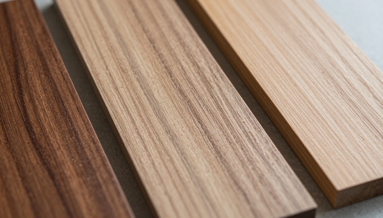 Wood finish samples in walnut, oak, ash and ebonized stain on a workbench