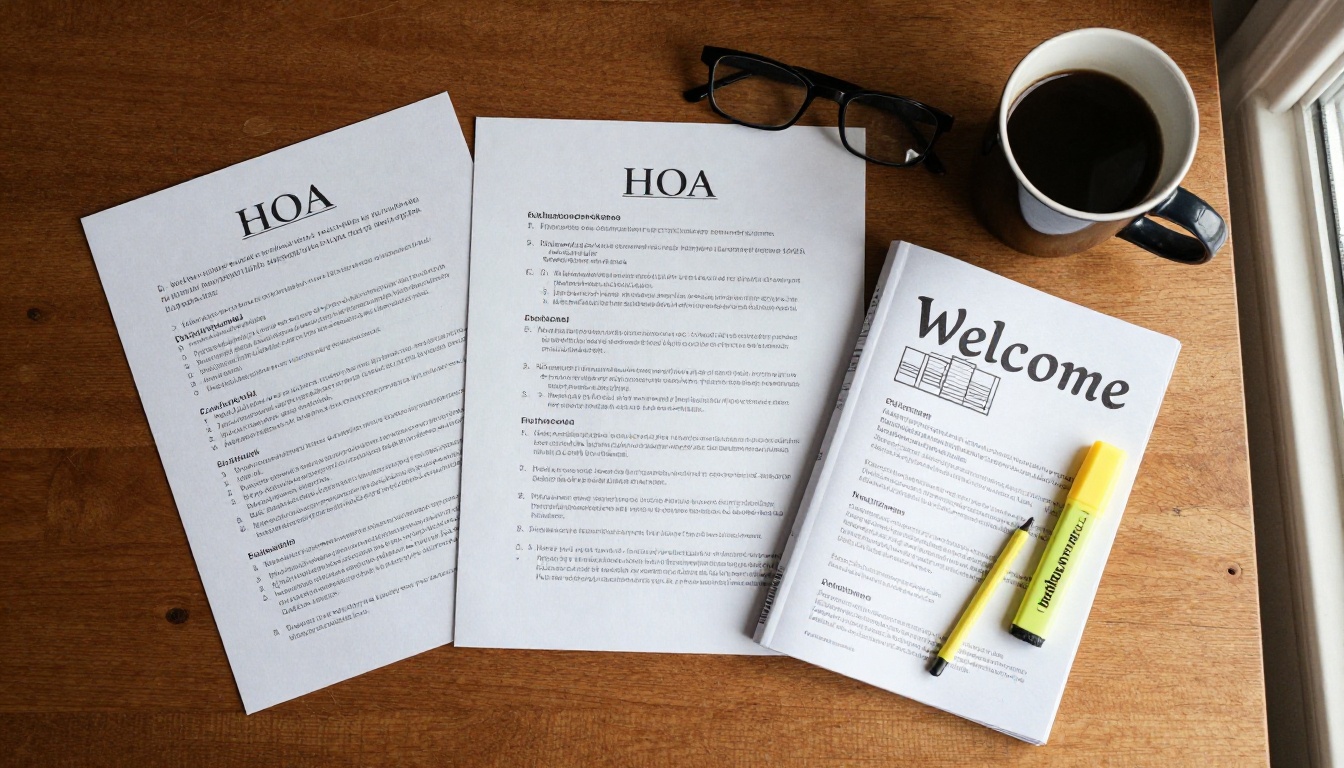 A homeowner flipping through a printed HOA packet at a kitchen table