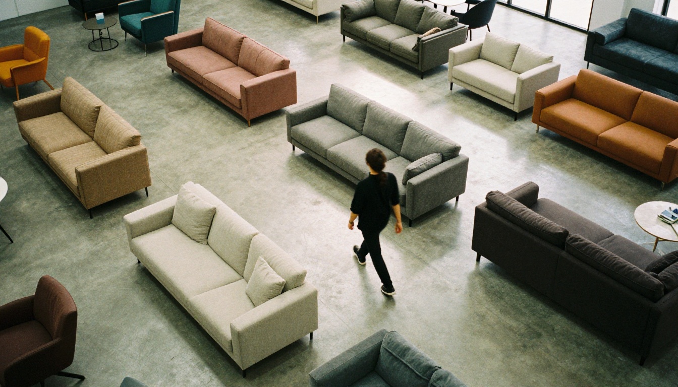 Aerial view of a showroom floor with sofas in different upholstery colors