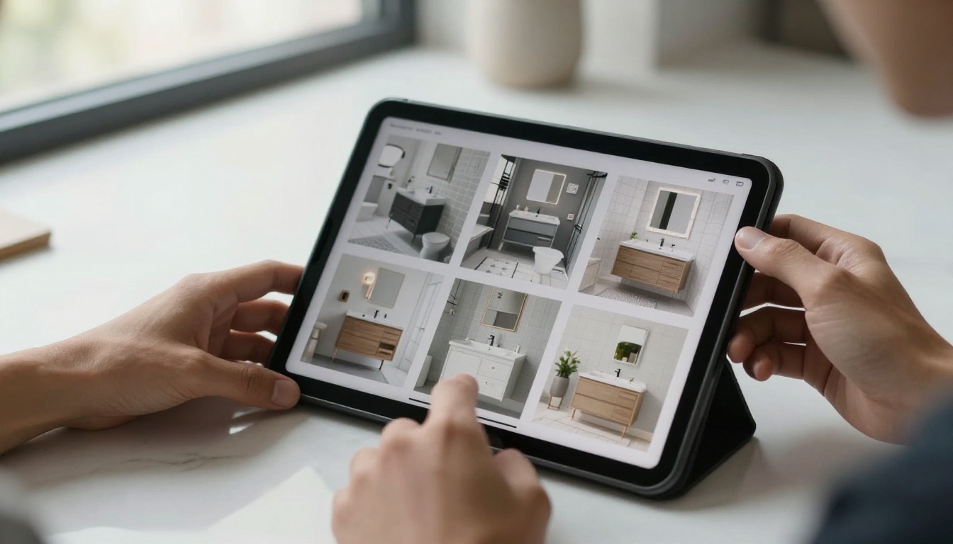 Designer holding a tablet brochure of bathroom vanities in a showroom