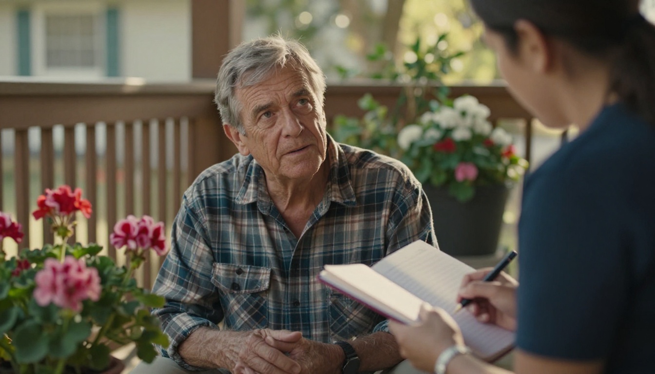 Older man interviewed on a porch by a nonprofit worker holding a notebook
