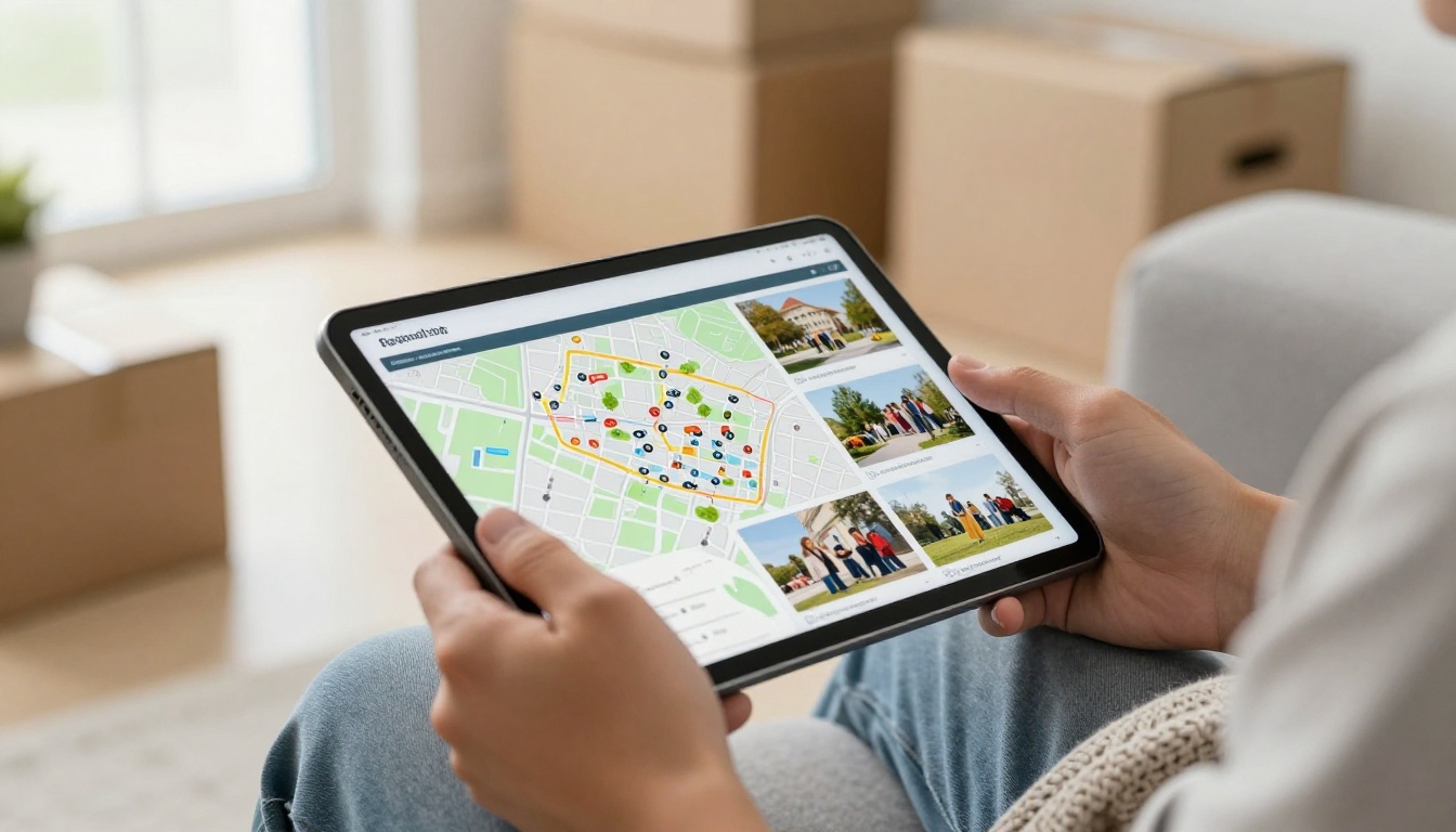 A tablet showing a digital community booklet on a living room sofa