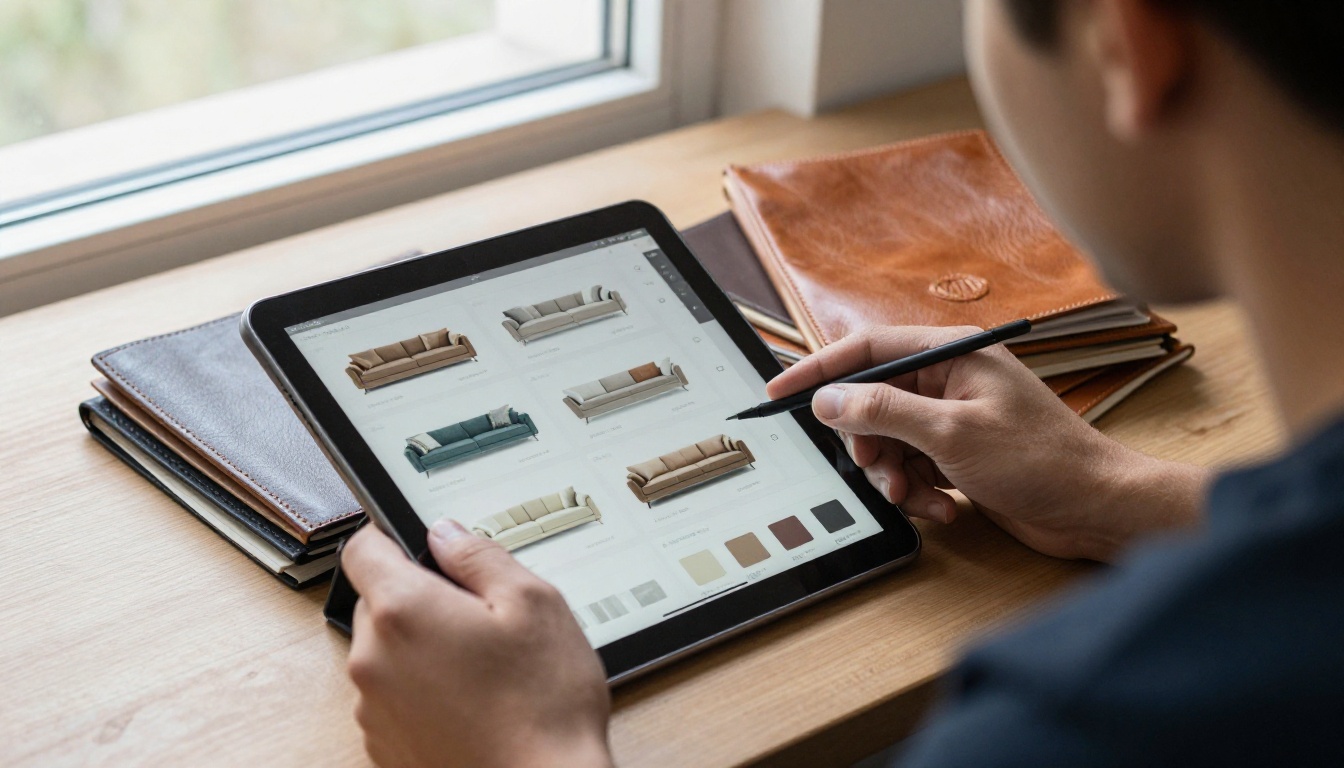 Buyer reviewing a digital furniture catalog on a tablet next to a leather swatch book