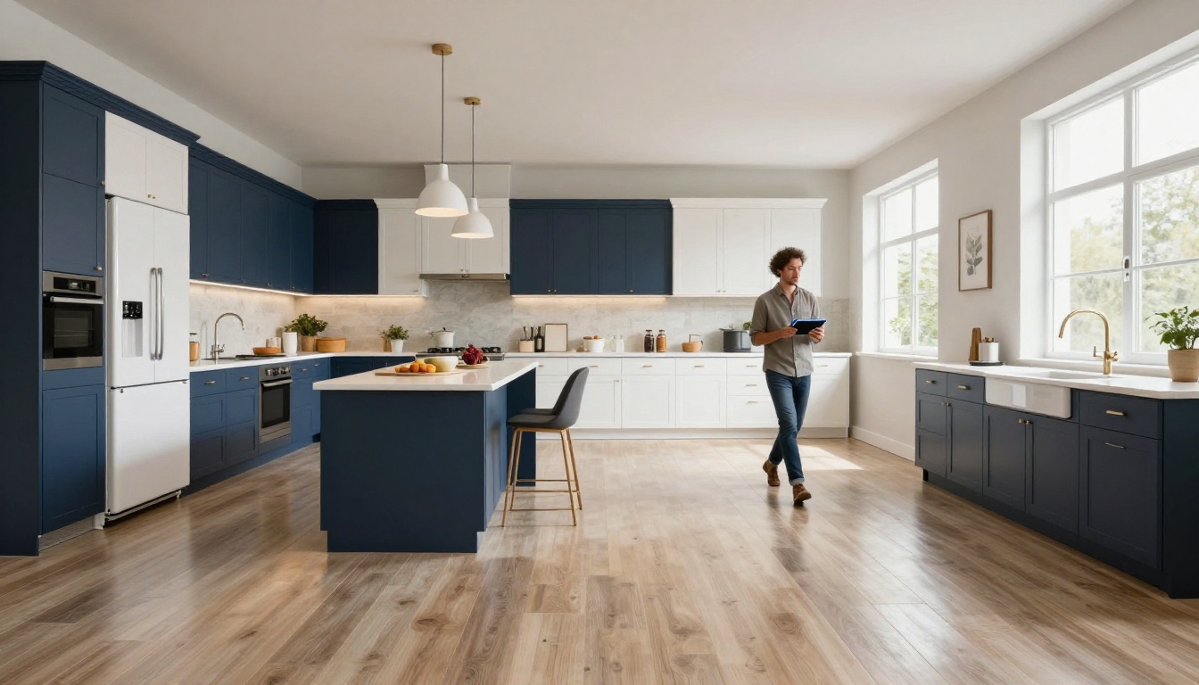 Aerial view of a kitchen showroom floor with a sales associate holding a tablet