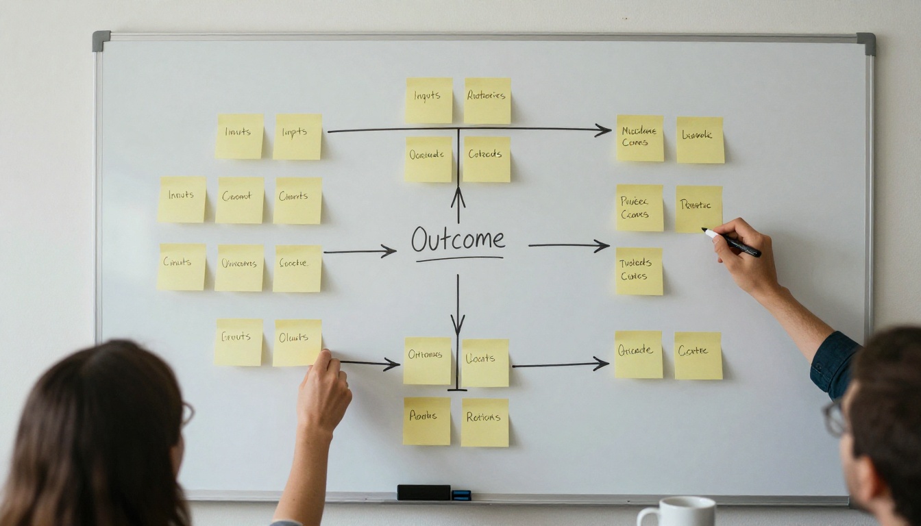 Sticky notes arranged in a logic model flow on a conference table