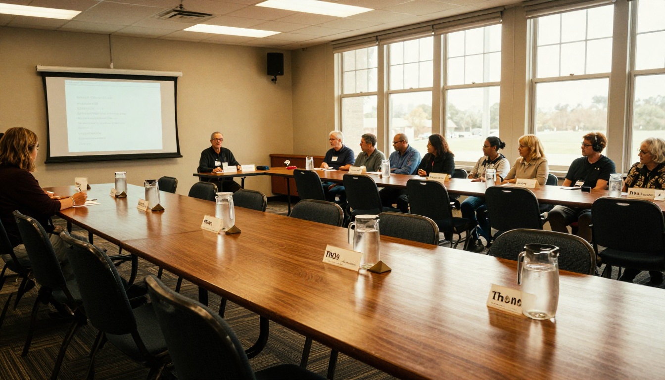 A clubhouse meeting room set up for an HOA board meeting