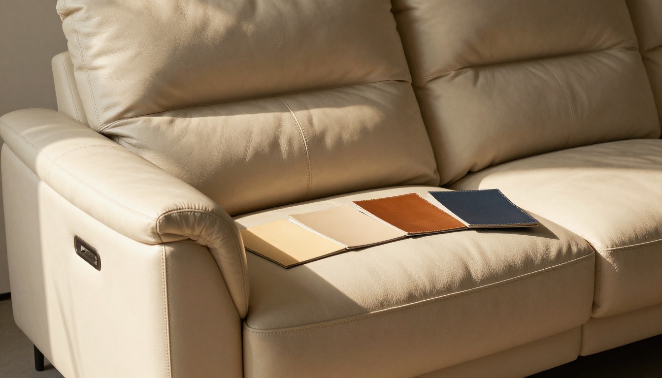 Leather sofa shown in cognac, charcoal and cream tones