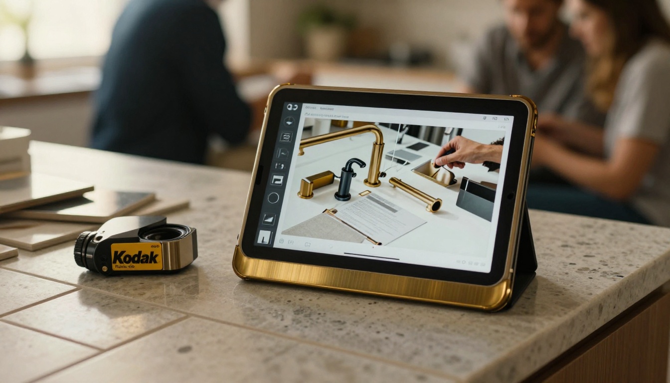 Tablet propped on a quartz countertop beside tile and countertop samples