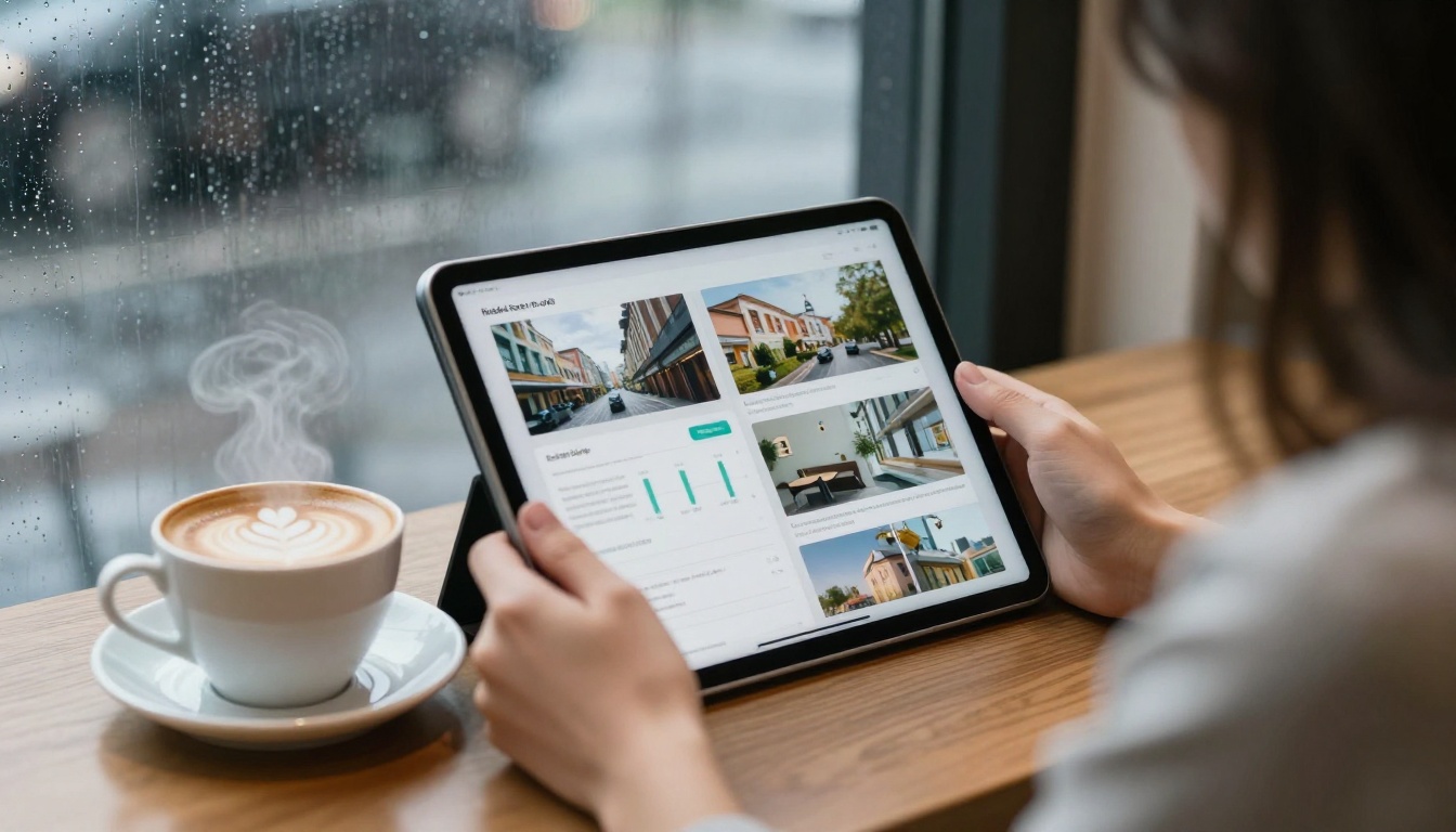 Woman reading an interactive digital report on a tablet at a coffee shop