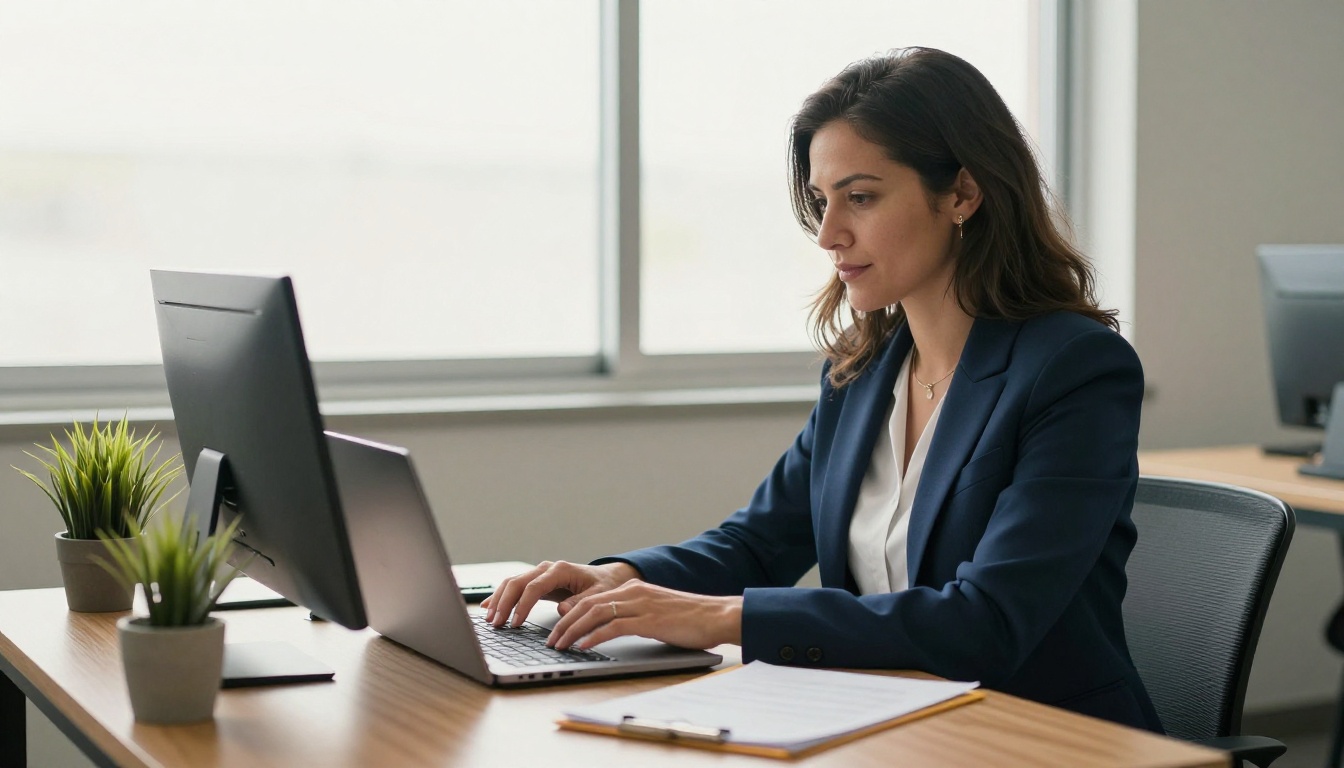 An HOA community manager preparing documents at a desk