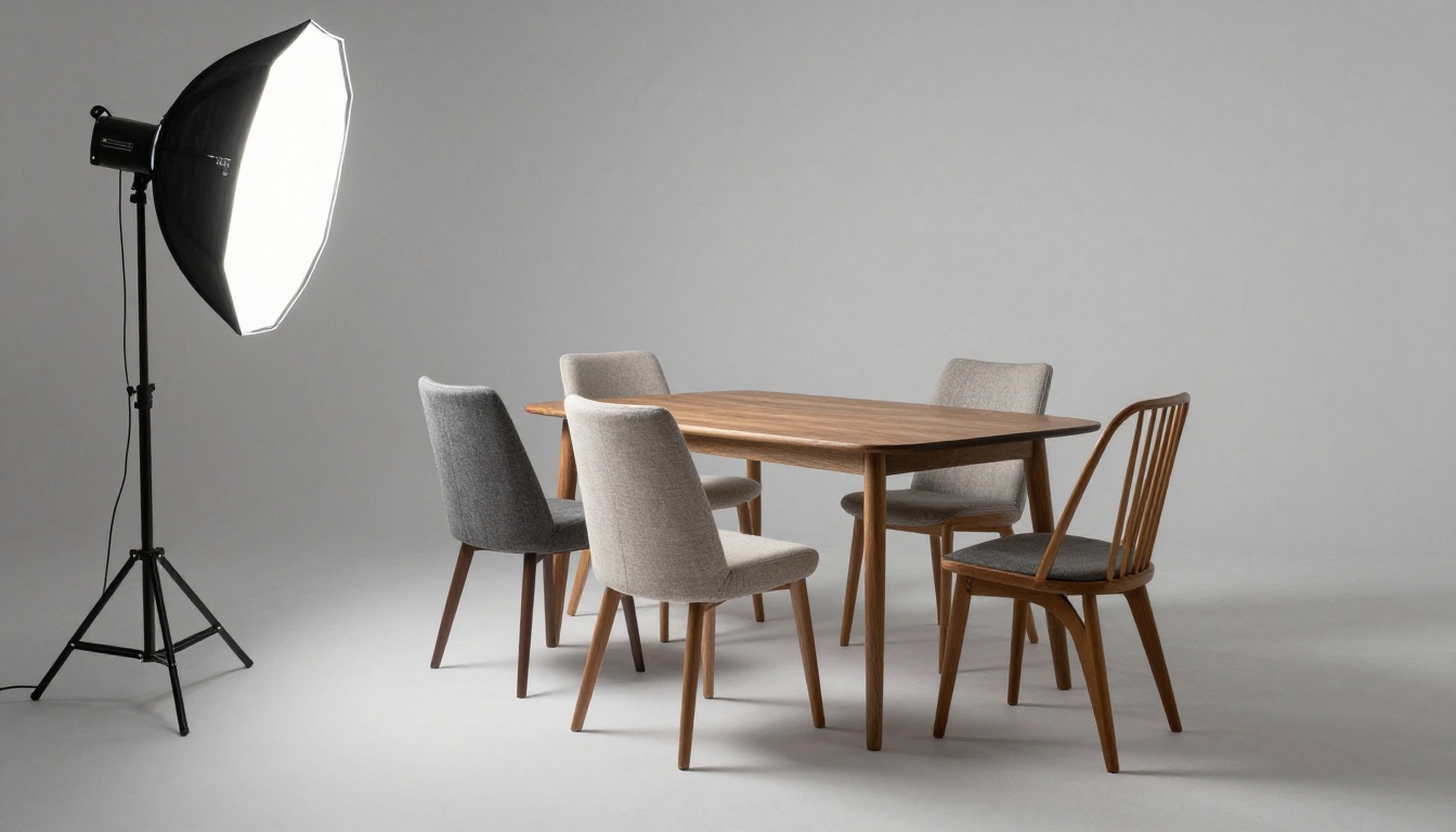 Product photographer shooting a dining chair in a studio with softbox lighting