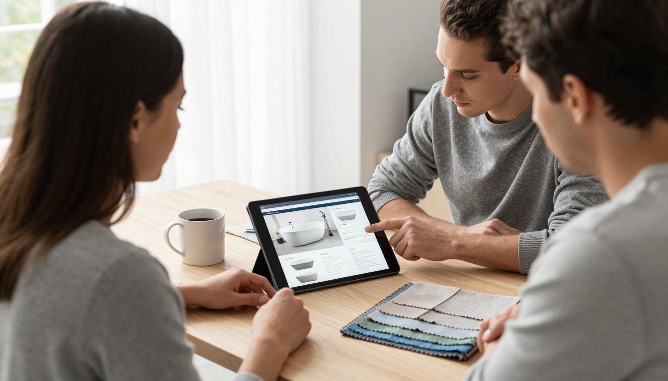 Homeowner couple at a consultation desk watching a designer swipe a tablet brochure