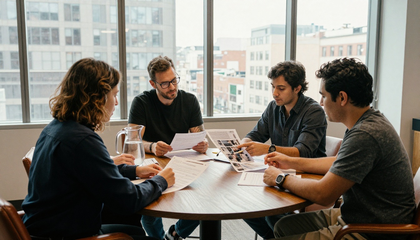Foundation board members reviewing printed reports around an oak table