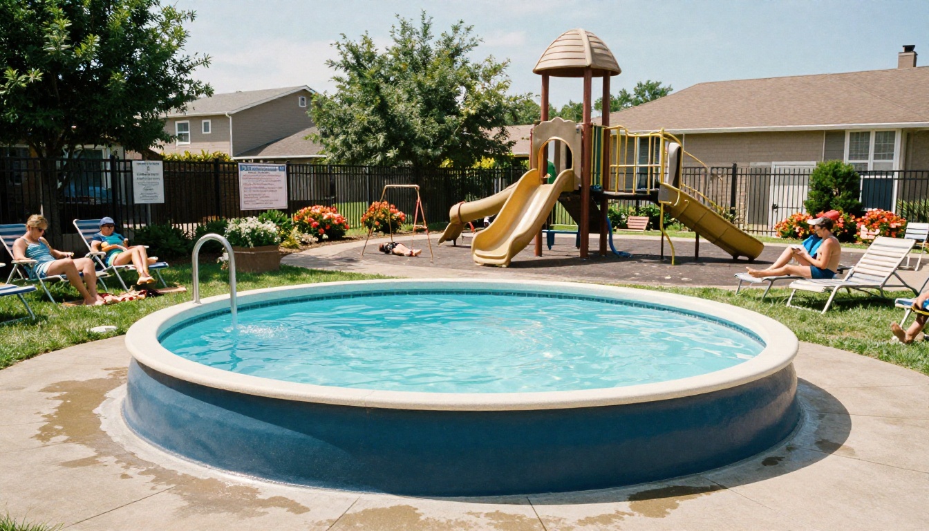 A community pool and playground on a sunny afternoon