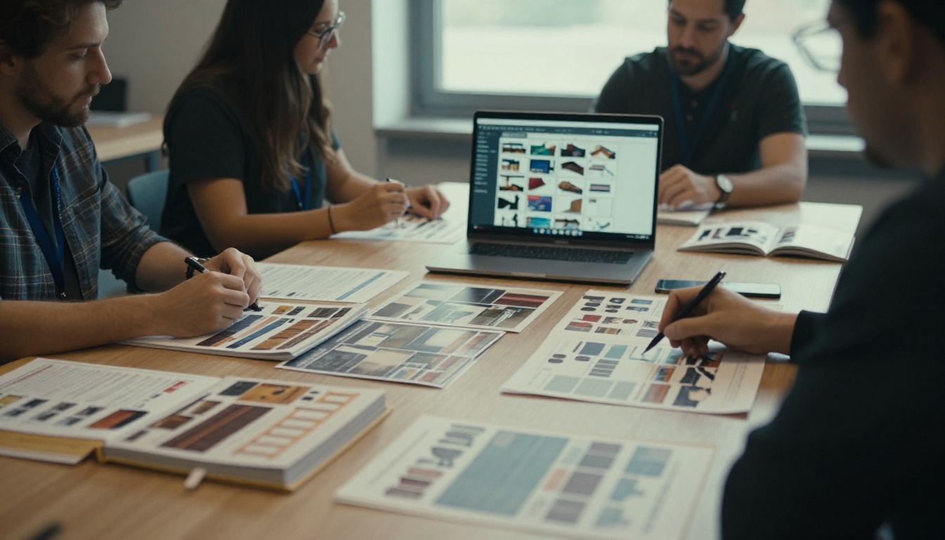 Sales team reviewing printed furniture catalogs and a digital flipbook on a laptop
