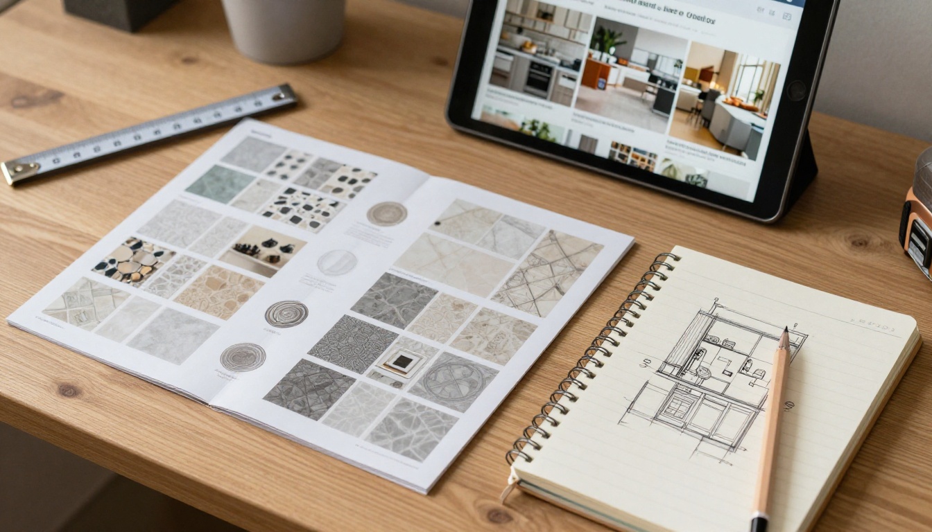 Flat-lay of tablet, tile samples, and a hand sketching a kitchen layout
