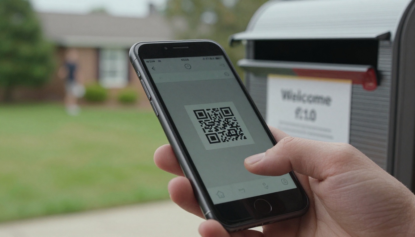 A new homeowner scanning a QR code on a welcome card at a mailbox