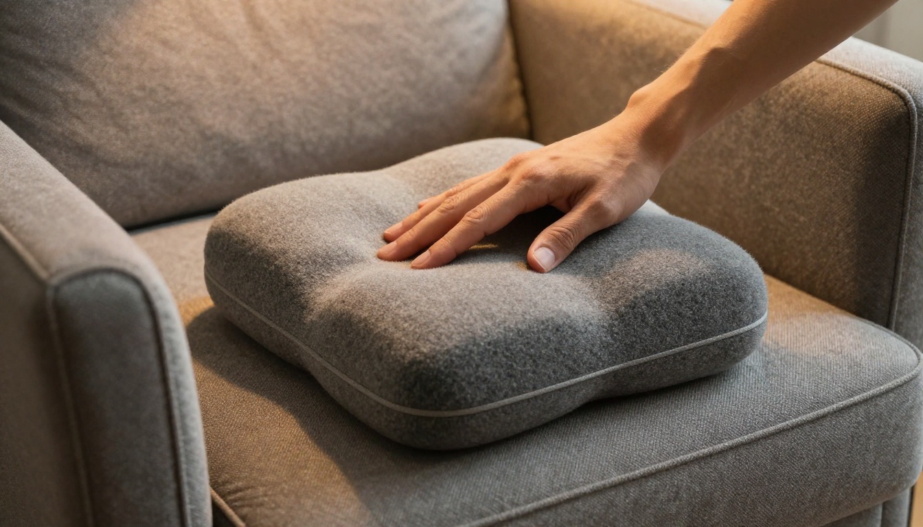 Hand pressing into a gray wool seat cushion on an upholstered armchair