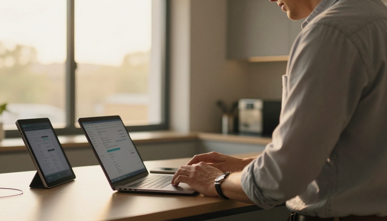 Showroom manager reviewing analytics on a laptop with a tablet beside it