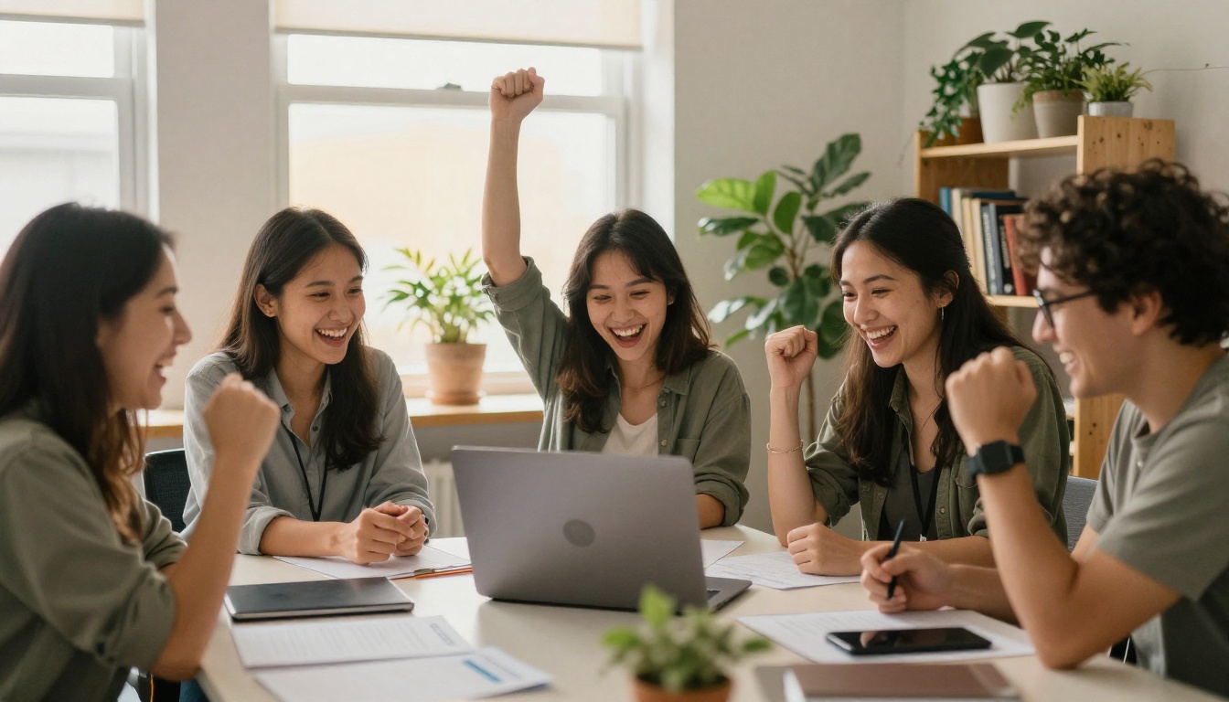 Nonprofit team celebrating around a laptop after a funder renewal