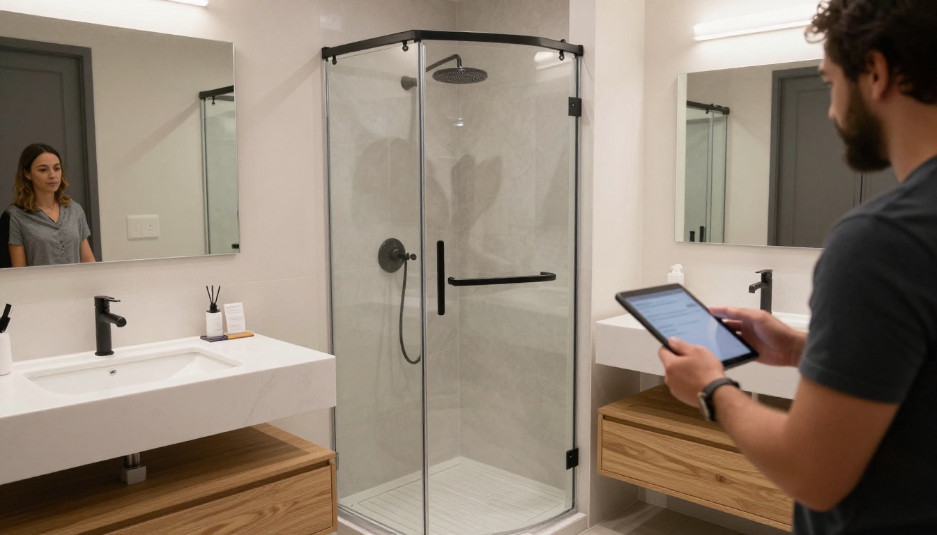 Bathroom vignette in a showroom with a consultant showing a tablet to a client