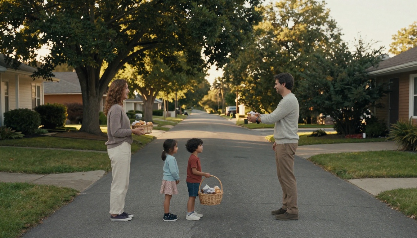 A neighbor couple welcoming a new family with a basket