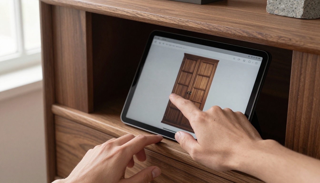 Close-up of a client's hand tapping a tablet showing a cabinet door catalog