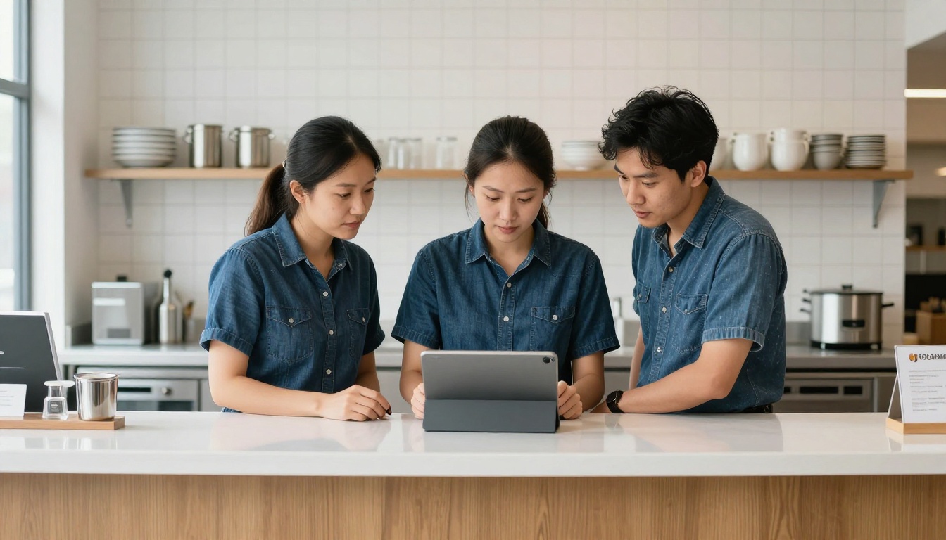 Showroom team gathered around a tablet at a morning meeting