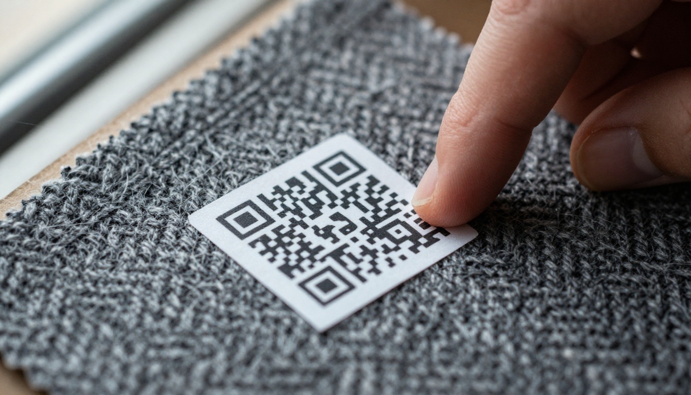Close-up of a wool swatch card with a printed QR label