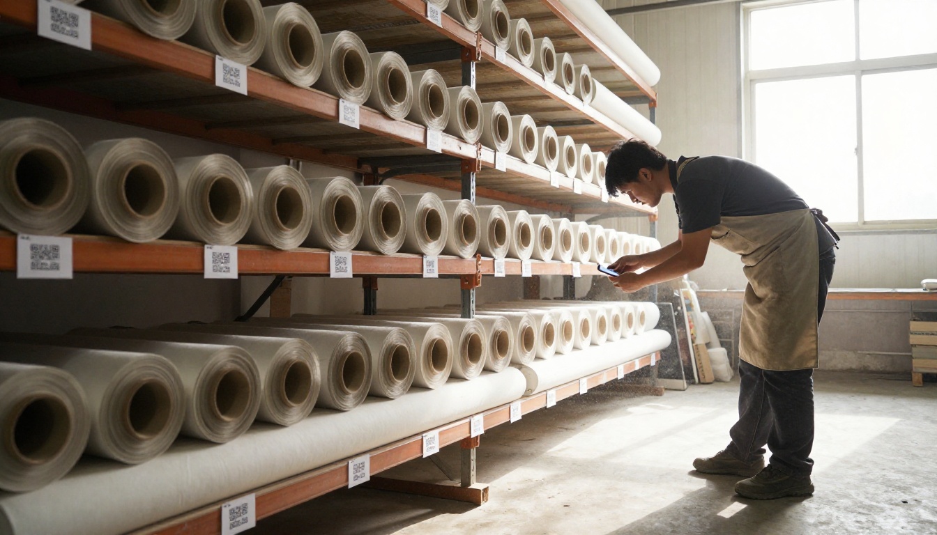 Rolled fabric bolts on warehouse shelves with QR tags being scanned