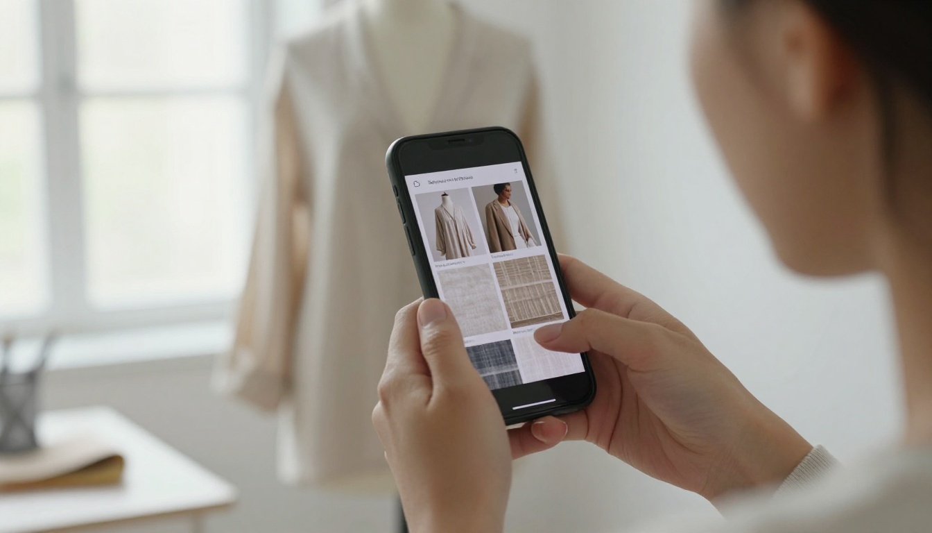 Fashion designer scanning a swatch card with a smartphone in a bright studio