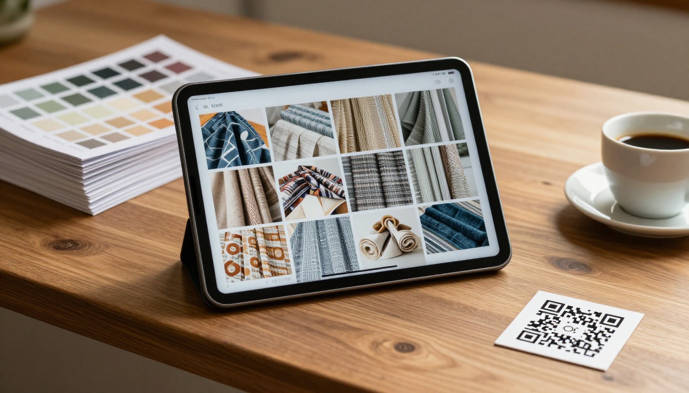 Tablet on a counter showing a page-turning digital fabric catalog