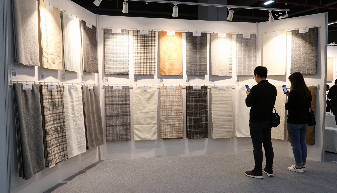 Visitors scanning QR cards at a fabric mill trade fair booth