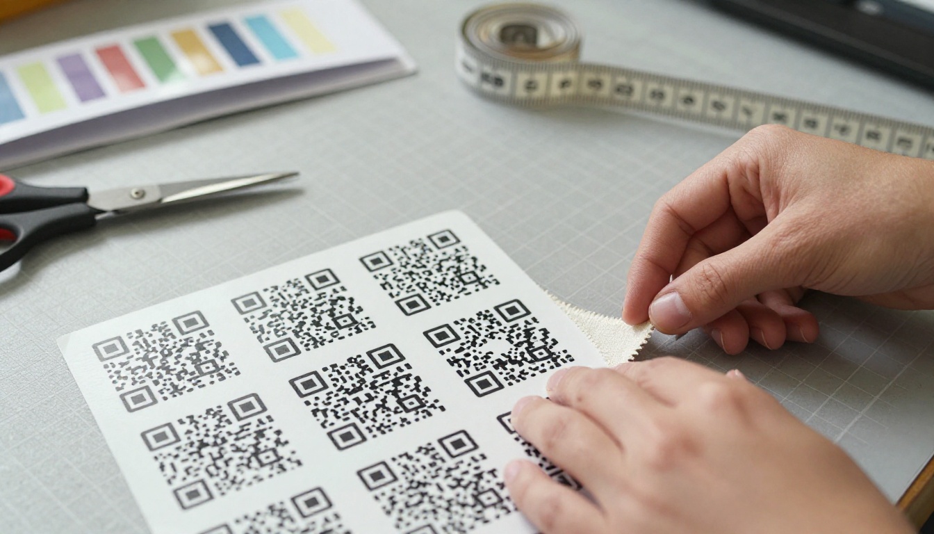 Hands attaching a printed QR label to a fabric swatch card