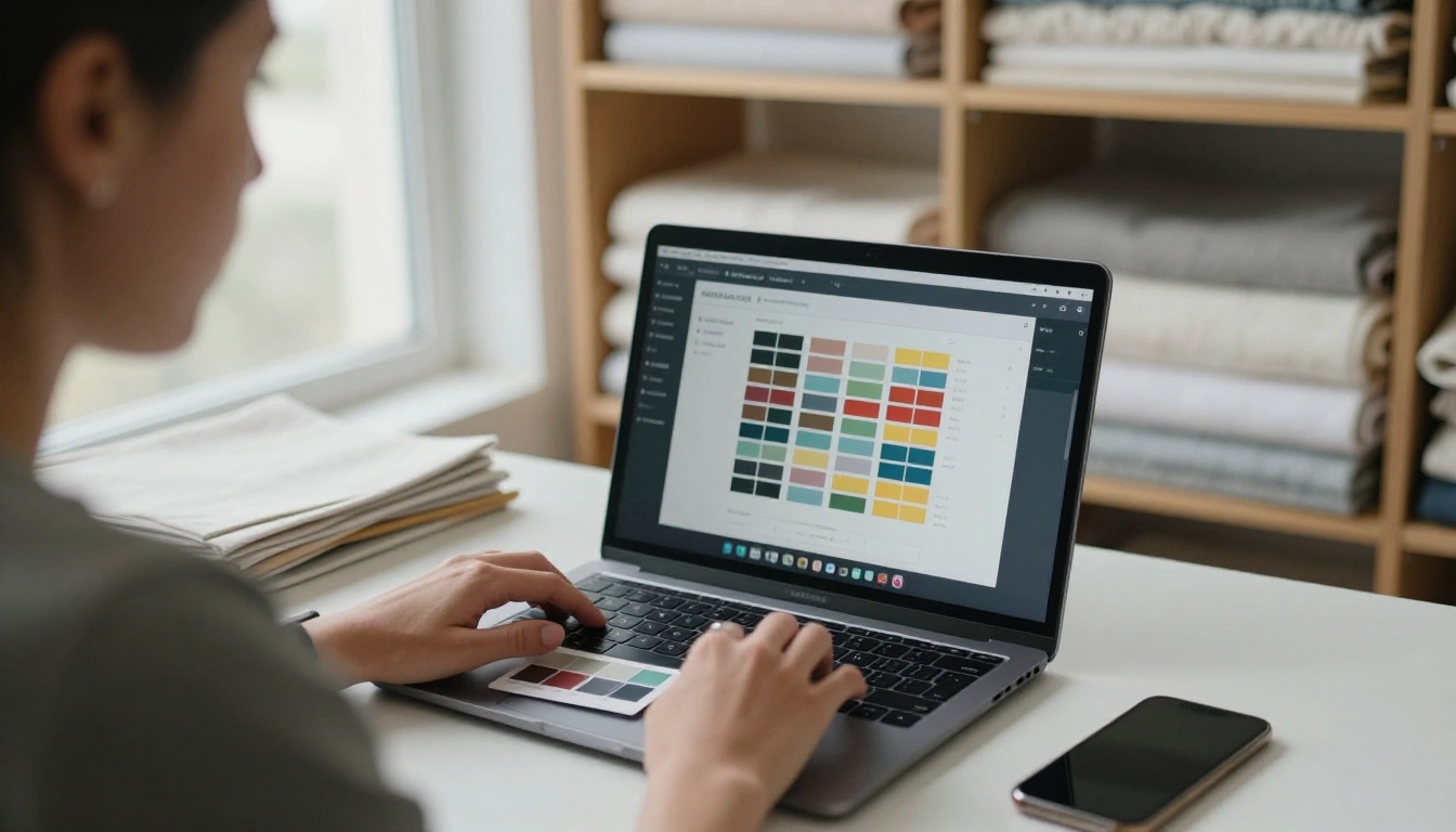 Business owner reviewing scan data on a laptop beside a swatch card