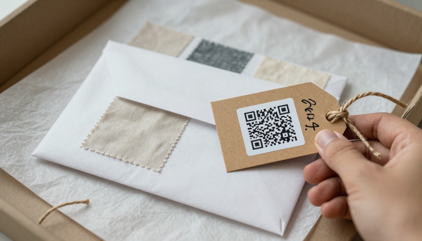 Shipping envelope with folded swatches and a QR-labeled kraft card