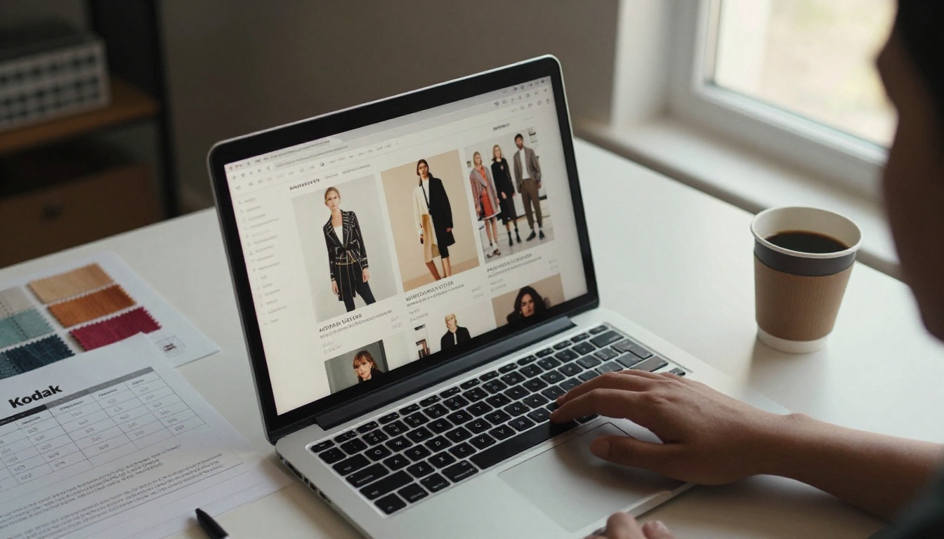 Wide view of a Manhattan showroom with garment racks and a tablet showing a lookbook