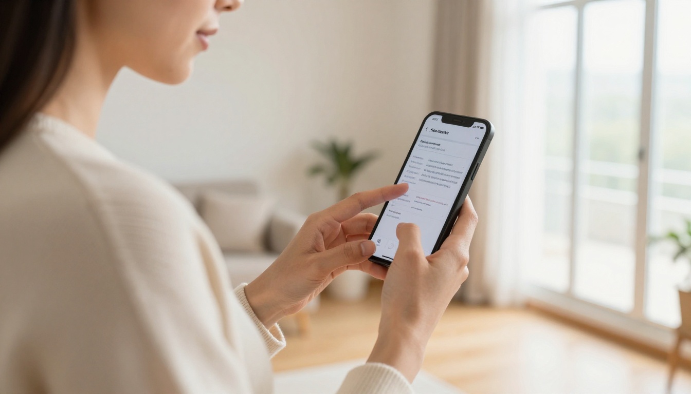Woman reading an inspection report on her phone in an empty living room Woman reading an inspection report on her phone in an empty living room