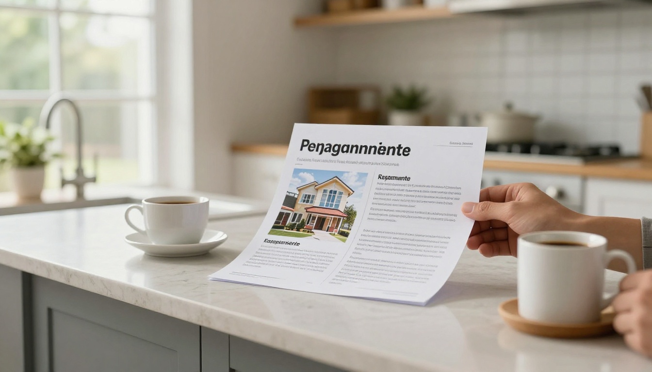 Landlord reviewing a printed property management brochure at a kitchen island