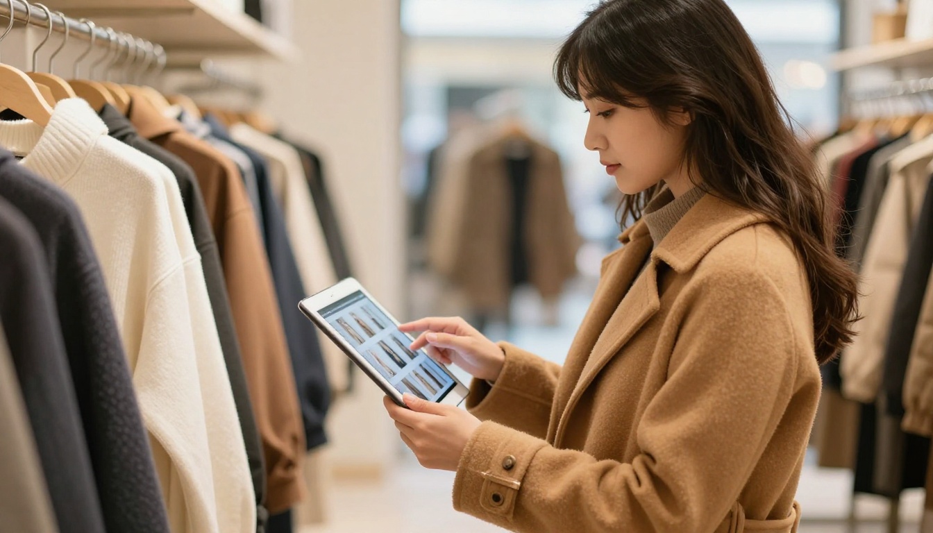Close up of a buyer reviewing a digital lookbook on a tablet in a boutique