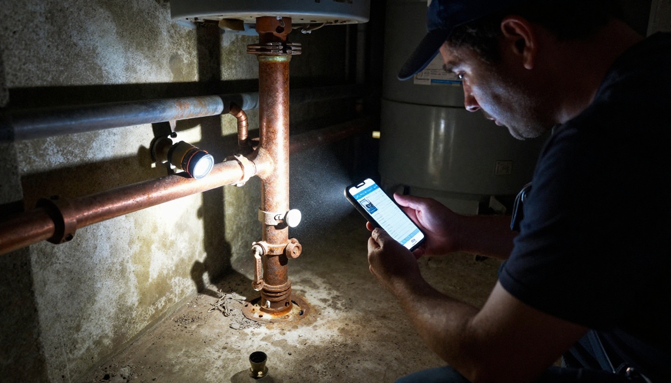 Home inspector photographing a water heater in a basement Home inspector photographing a water heater in a basement
