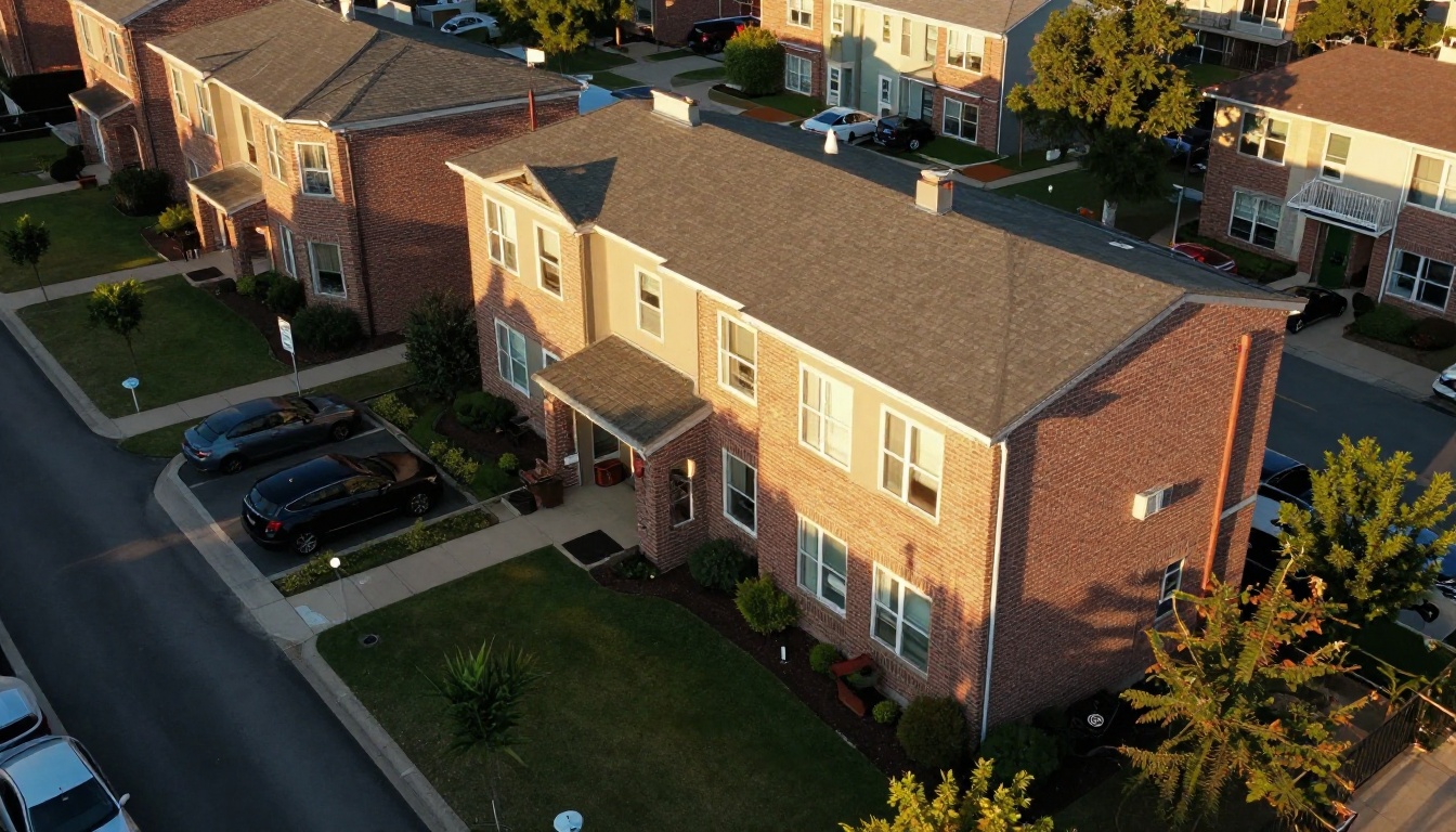 Aerial view of a well-kept residential apartment complex at golden hour