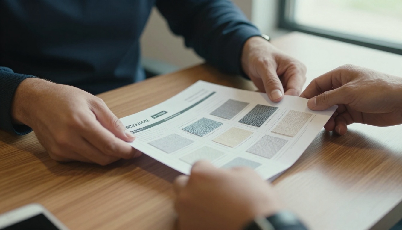 Sales rep hands flipping through a printed seasonal line sheet with fabric swatches Sales rep hands flipping through a printed seasonal line sheet with fabric swatches