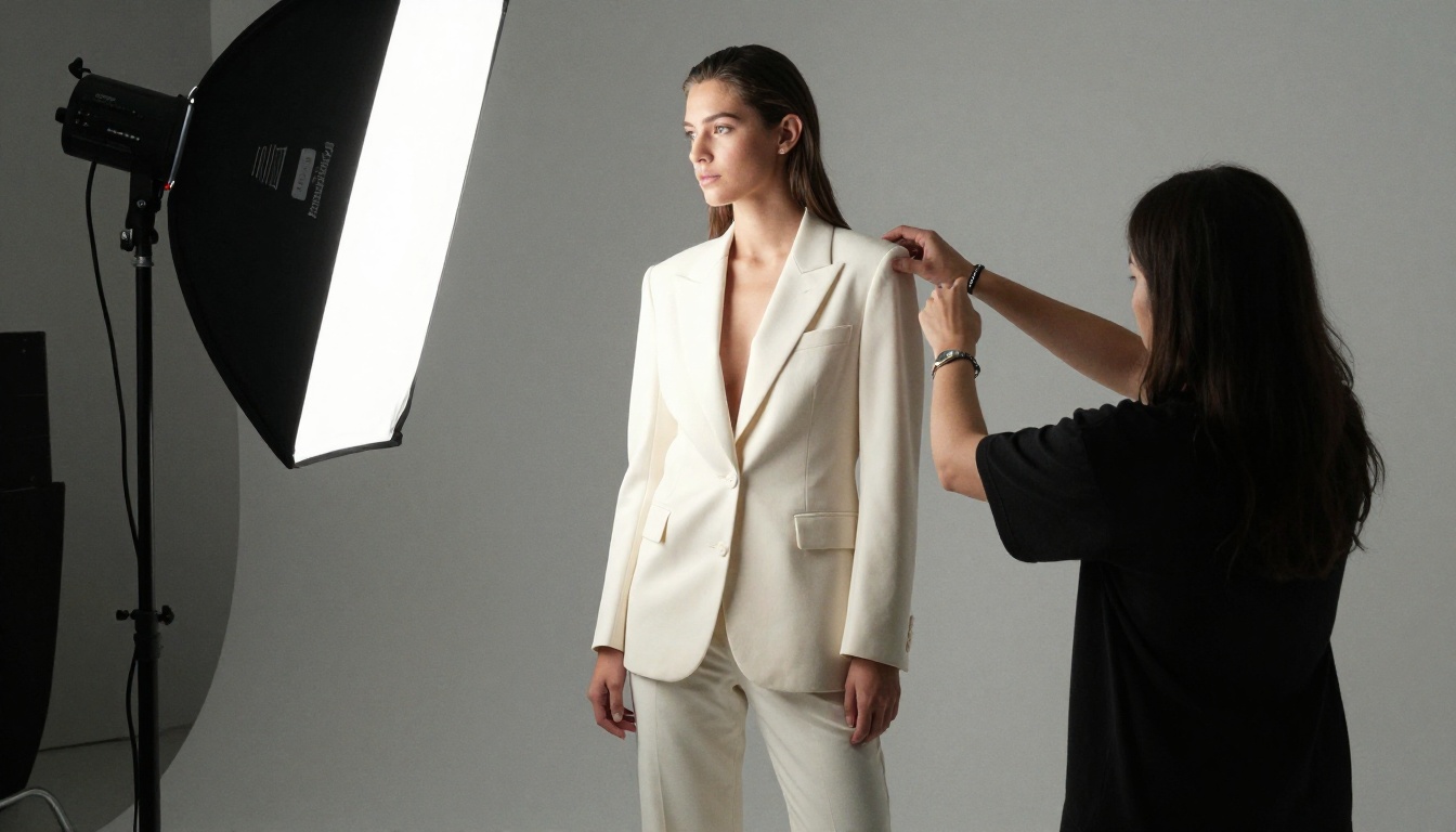 Fashion shoot in a studio with a model in an ivory suit