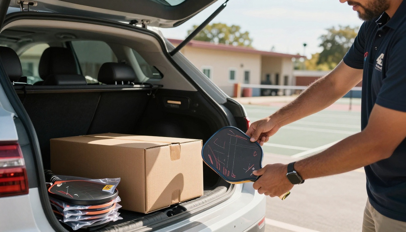 Sales representative unloading cases of new paddles at a club Sales representative unloading cases of new paddles at a club