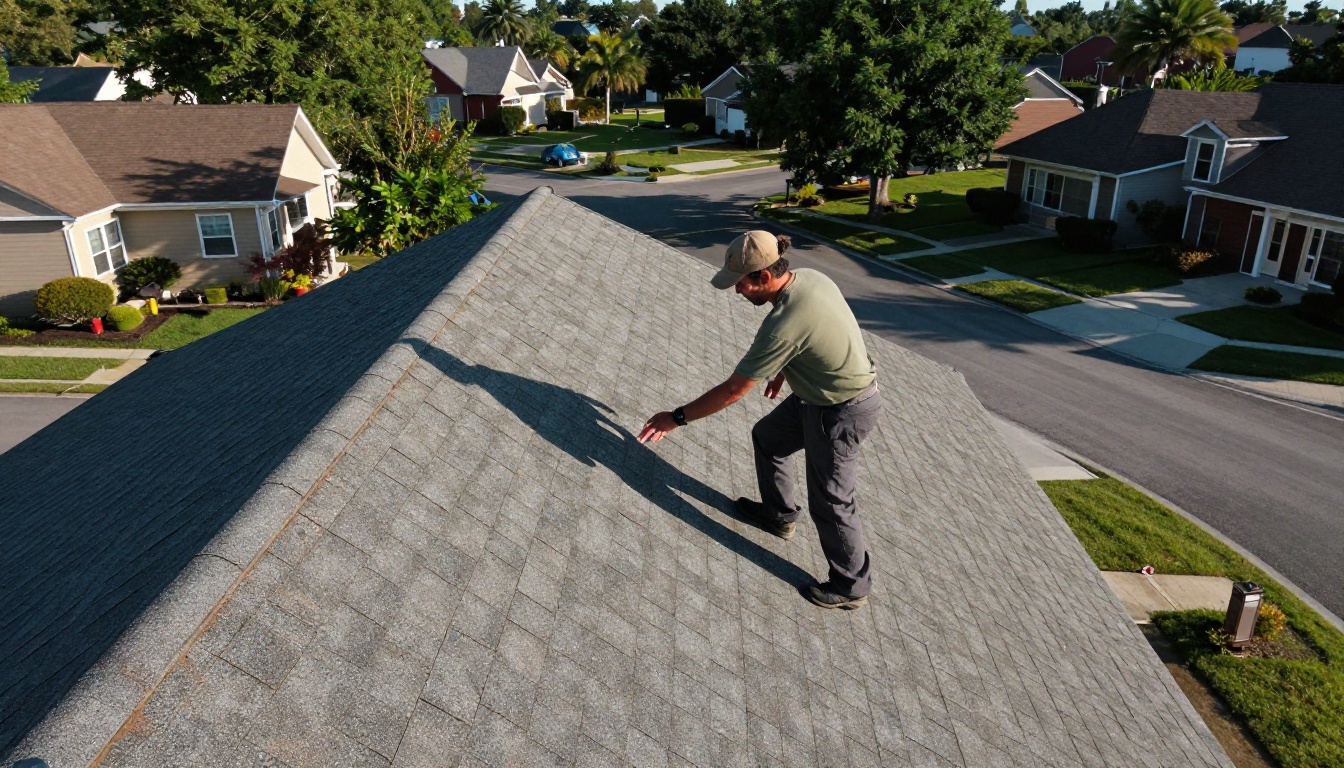 Aerial view of an inspector on a roof checking flashing Aerial view of an inspector on a roof checking flashing